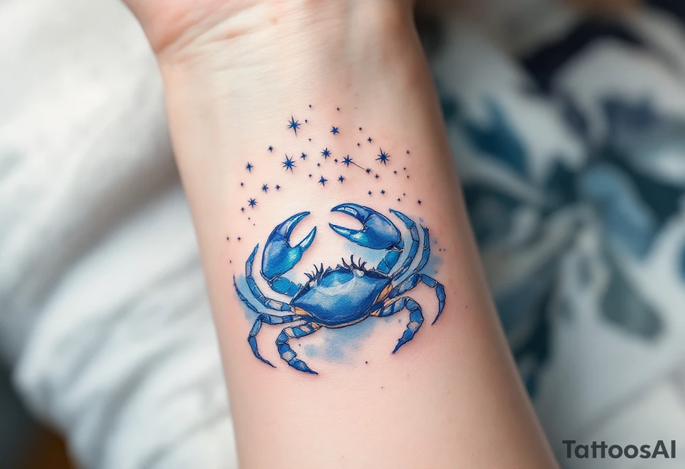 A delicate Cancer star constellation in shimmering silver ink arcs above a soft blue watercolor crab. tattoo idea