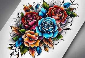 Front knee tattoo with fall colors, small flowers, rose, leaves, blue water flows with washes and background tattoo idea