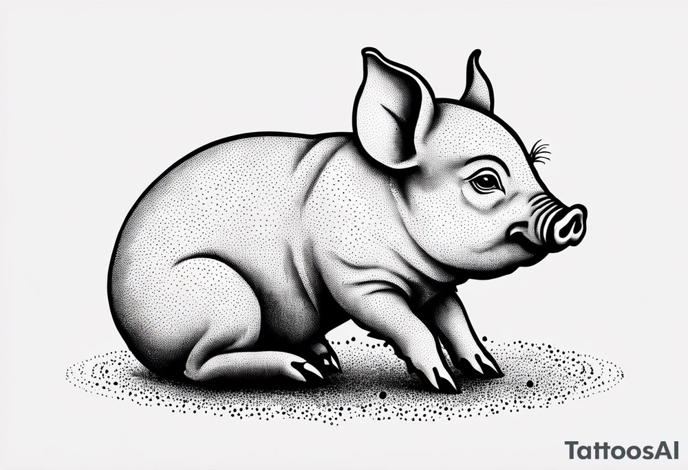 cute piglet sitting on bum. thin lines minimal shading, black and white only, with text "friends not food", white background tattoo idea