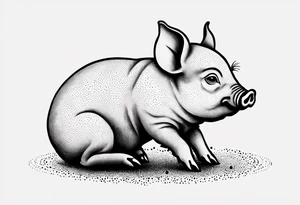 cute piglet sitting on bum. thin lines minimal shading, black and white only, with text "friends not food", white background tattoo idea