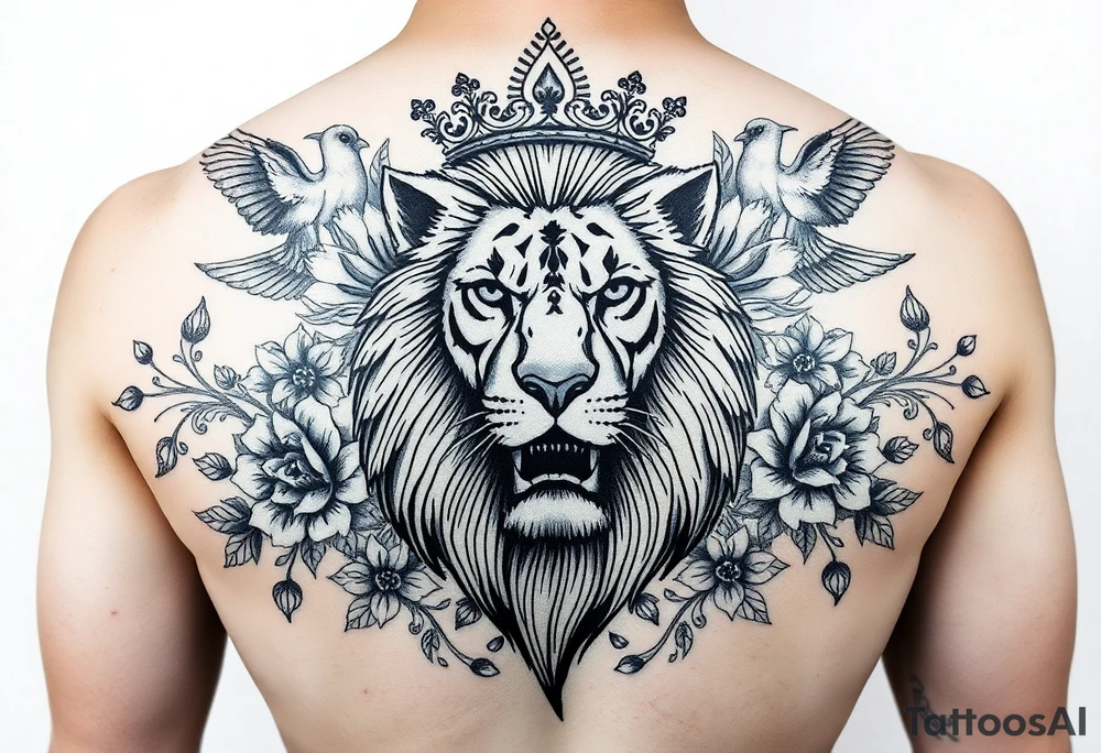 powerful majestic lion with a crown, surrounded by floral ornaments and birds tattoo idea