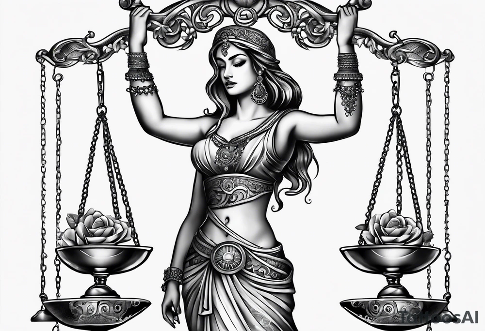 Intricate libra scales held by a beautiful woman tattoo idea