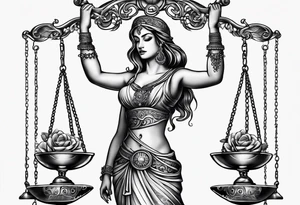 Intricate libra scales held by a beautiful woman tattoo idea