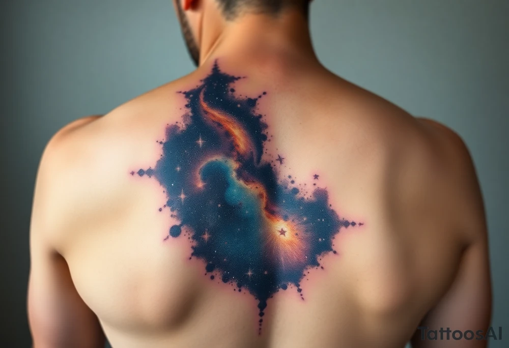 Beautiful and epic 3d milky way that appears to be what is beneath the skin. Make it drape over the shoulder and move to the middle back. use negative spaces to create stars and dust. Incorporate God breathing life into the universe. IKeep it symmetrical tattoo idea