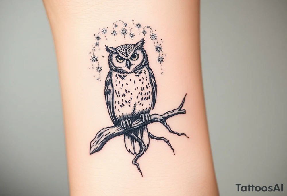 wise owl perched on ancient oak branch under starlit sky tattoo idea