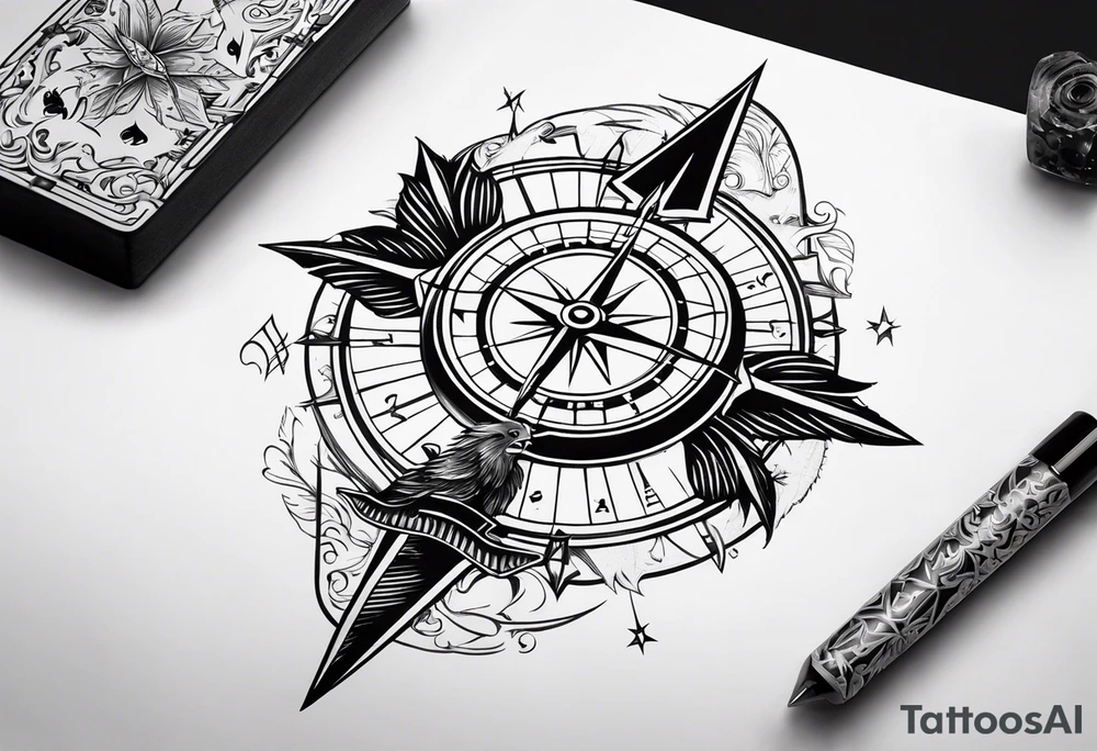 compass, playing cards, dice, horse, eagle, and wild west sleeve tattoo idea