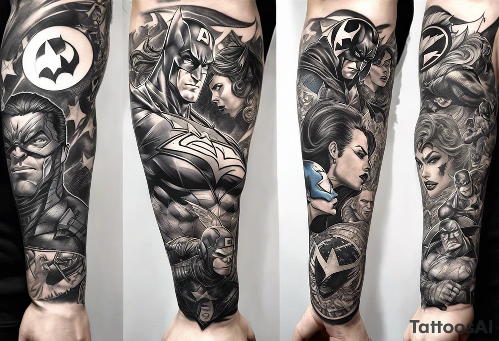 Full arm sleeve tattoo extending from shoulder to wrist featuring an assemble of only the emblems of DC comic heroes and villians.  Do not include the characters, only the emblems. tattoo idea