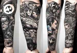 Full arm sleeve tattoo extending from shoulder to wrist featuring an assemble of only the emblems of DC comic heroes and villians.  Do not include the characters, only the emblems. tattoo idea