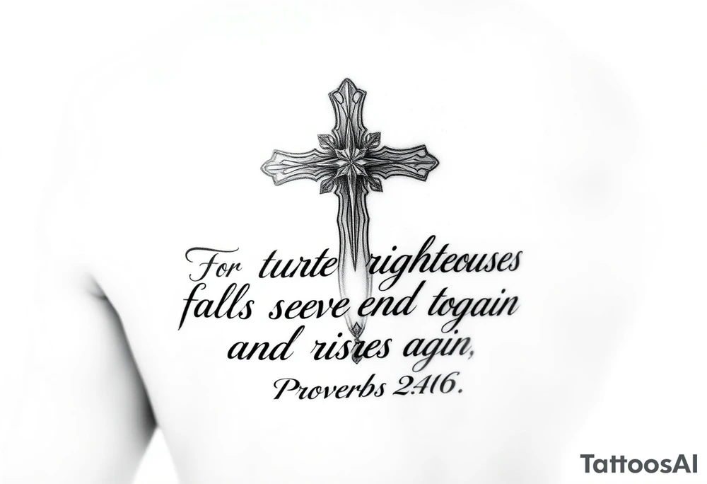 Upper forearm vertical tattoo layout. A large, ornate Christian wood-grain cross serves as the center anchor. Flows into elegant Chicano-style cursive calligraphy that completely fills the upper forearm space. The text spells out the full verse: "For the righteous falls seven times and rises again. Proverbs 24:16". Deep black ink, sharp fine-line details, drop shadows under the letters for depth. Solid white backdrop, absolutely no clouds or smoke backgrounds. tattoo idea