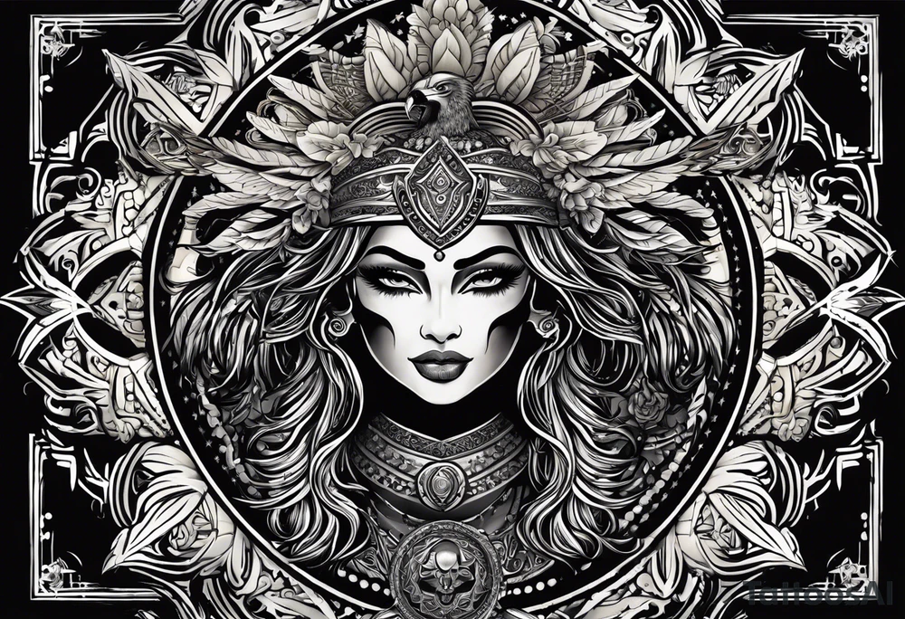 black kali, goddess pirate, alien, angel, pachamama, valkrye, warrior, flying, skull, lotus azul, wing, eagle, zenza resonance, stars, 5D, anahata chakra, death, durga, riding on a tiger, flying lady tattoo idea