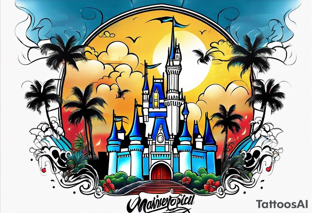 disney castle with a lightning storm palm trees and a mickey mouse tattoo idea