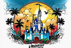 disney castle with a lightning storm palm trees and a mickey mouse tattoo idea