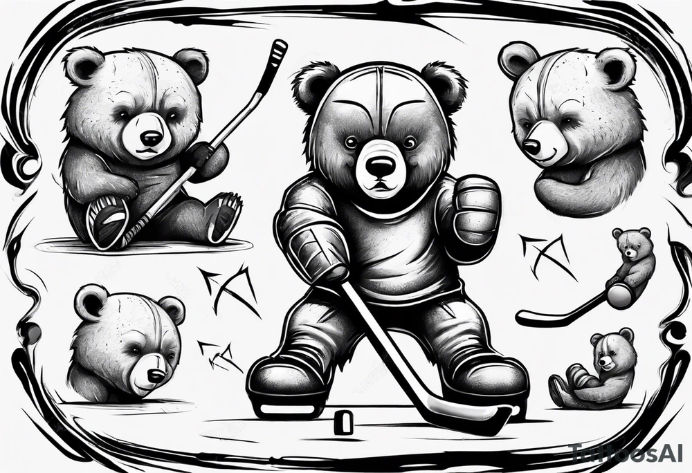 Baby bear playing hockey in front of papa bear and mama bear family tattoo idea