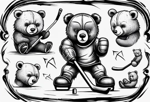 Baby bear playing hockey in front of papa bear and mama bear family tattoo idea