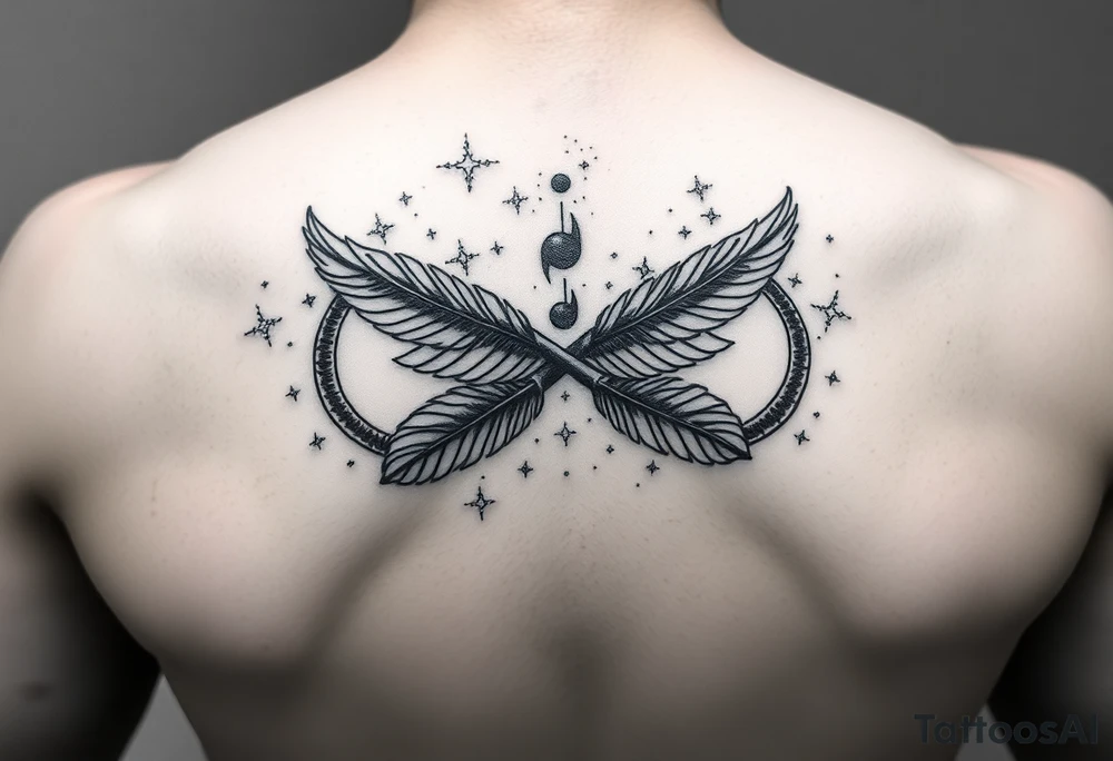infinity symbol woven with floating feathers and stardust tattoo idea