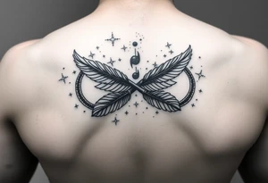 infinity symbol woven with floating feathers and stardust tattoo idea