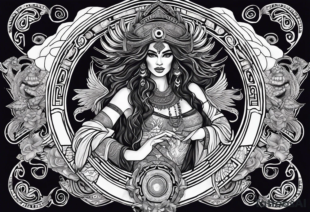 black kali, goddess pirate, alien, angel, pachamama, valkrye, warrior, flying, skull, lotus azul, wing, eagle, zenza resonance, stars, 5D, anahata chakra, death, durga, riding on a tiger, flying lady, kundalini, chest tatoo, rebel tattoo idea