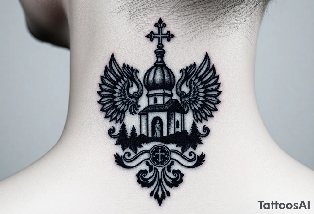 Traditional authentic Russian coat of arms with a Christian orthodox virgin marry in the middle and silhouette in a Russian wilderness Christian orthodoxy dome church village setting tattoo idea
