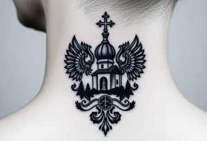 Traditional authentic Russian coat of arms with a Christian orthodox virgin marry in the middle and silhouette in a Russian wilderness Christian orthodoxy dome church village setting tattoo idea
