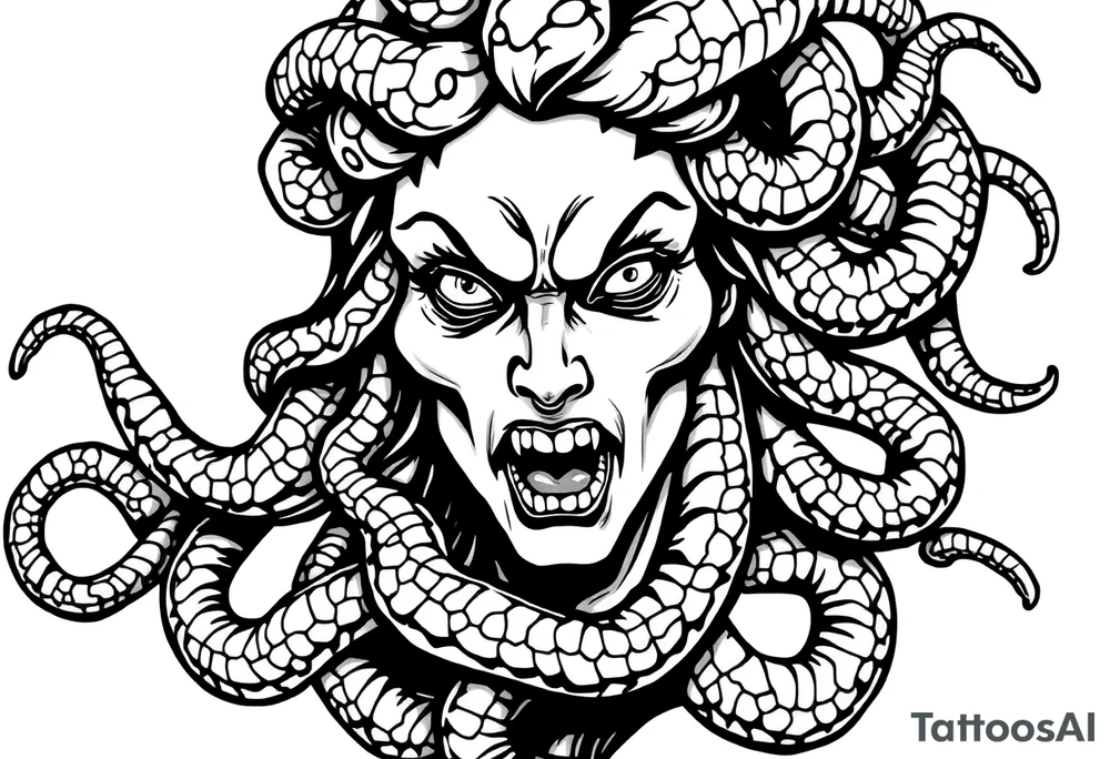 Scary Greek female god medusa with snake hairs tattoo idea