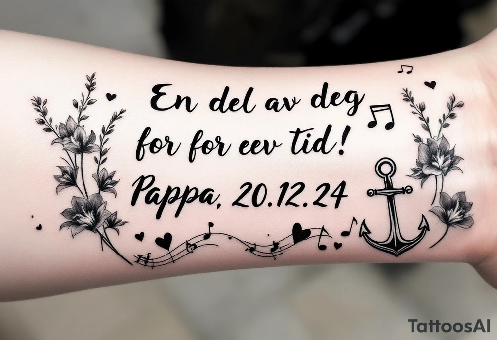 Quote in two rows; En del av deg for evig tid! Pappa, 20.12.24. Surround the quote with long gladioluses, music notes, hearts and an anchor tattoo idea