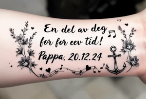 Quote in two rows; En del av deg for evig tid! Pappa, 20.12.24. Surround the quote with long gladioluses, music notes, hearts and an anchor tattoo idea