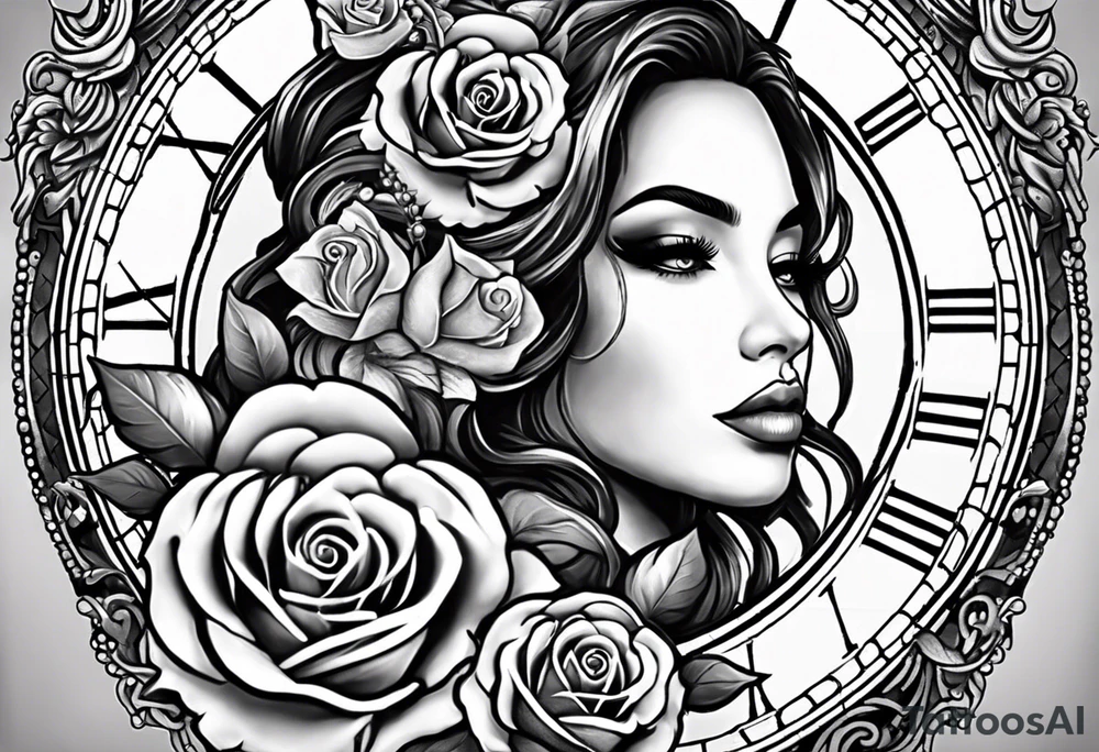 Hispanic/ Latin  goddess, love, forgiveness, strength, peace, cancer zodiac , small clock on face, rose tattoo idea