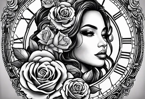 Hispanic/ Latin  goddess, love, forgiveness, strength, peace, cancer zodiac , small clock on face, rose tattoo idea