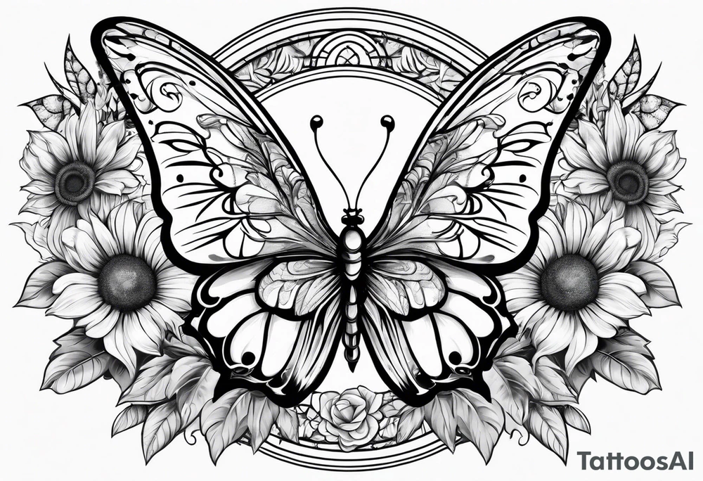 Sleeve with angel wings, sunflower and butterfly tattoo idea