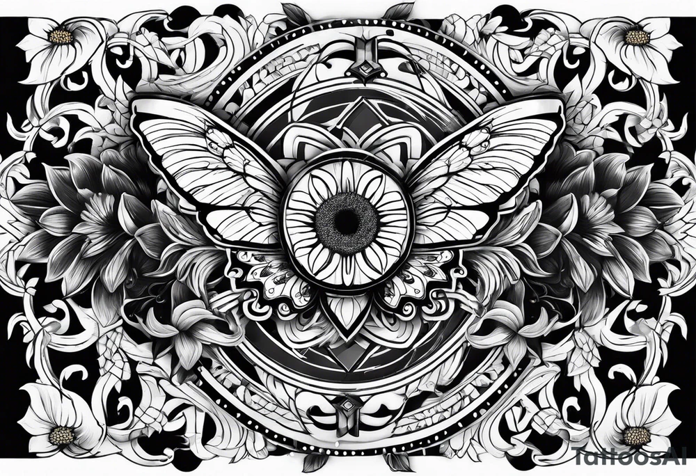 Arm sleeve with Winged cross with sunflower and butterflies tattoo idea