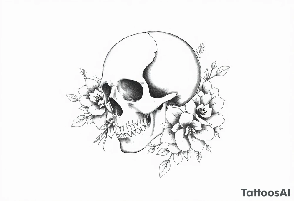 skull slightly facing left, surrounded by floral ornaments tattoo idea