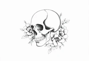 skull slightly facing left, surrounded by floral ornaments tattoo idea