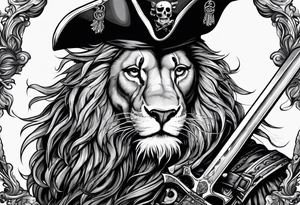 Pirate lion wearing jacket, sword and pistol, nautical steampunk theme. dreadlocks. pirate vessel tattoo idea