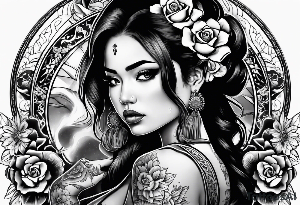 Chicano girl , skull , gun tattoo idea