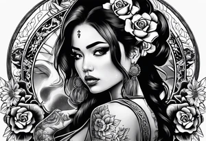 Chicano girl , skull , gun tattoo idea