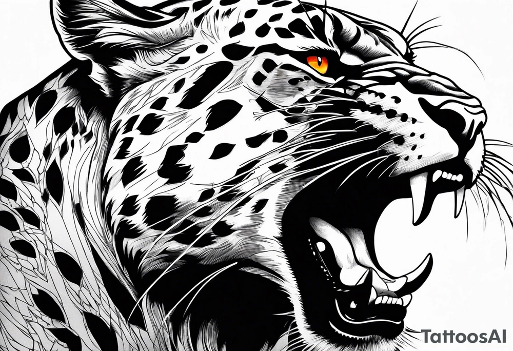Slight side angle of Facial of an angry panther with red-orange eyes tattoo idea