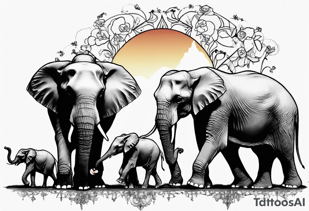 family of 6 elephants walking into sunset tattoo idea