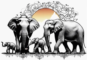 family of 6 elephants walking into sunset tattoo idea
