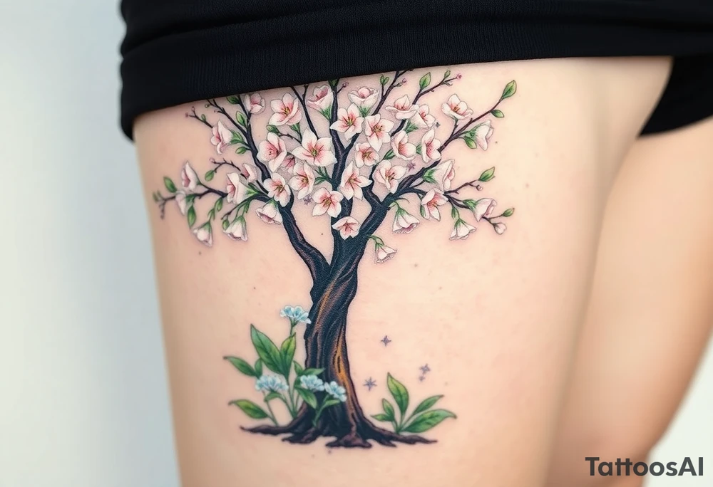 Flowering hawthorne tree with white lilly of the vally bell plants planted by  tree with other lilly plants tattoo idea