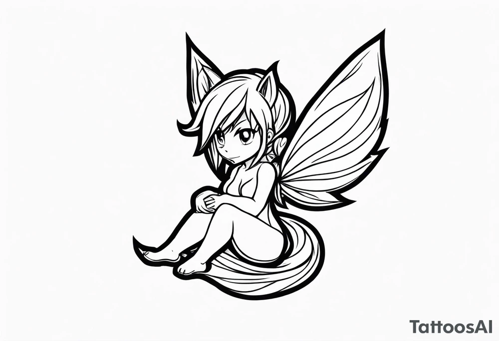 A fairy with a tail inspired by the logo of the show called Fairy Tail in a fetal position leaning in tattoo idea