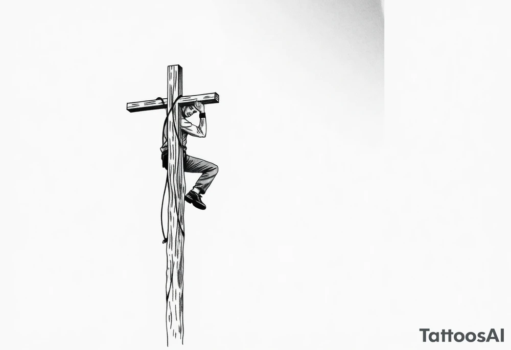power lineman climbing a wooden 12kv pole. Make the pole a cross that has a hidden resemblance to god. tattoo idea