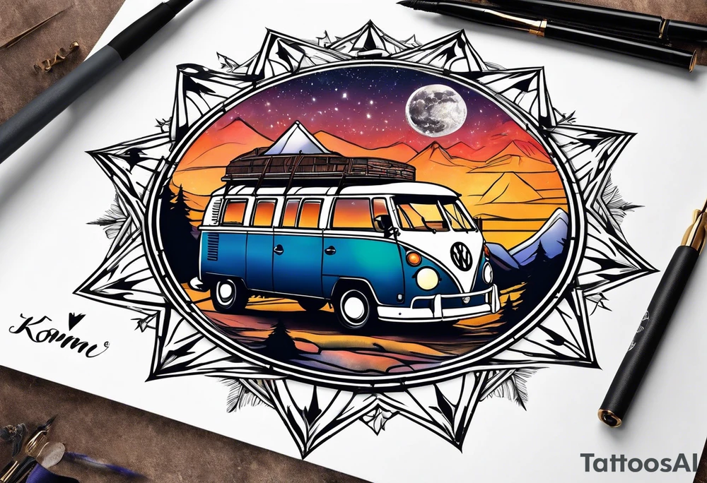 directional Compass rose, mountains and VW Komi campervan tattoo idea