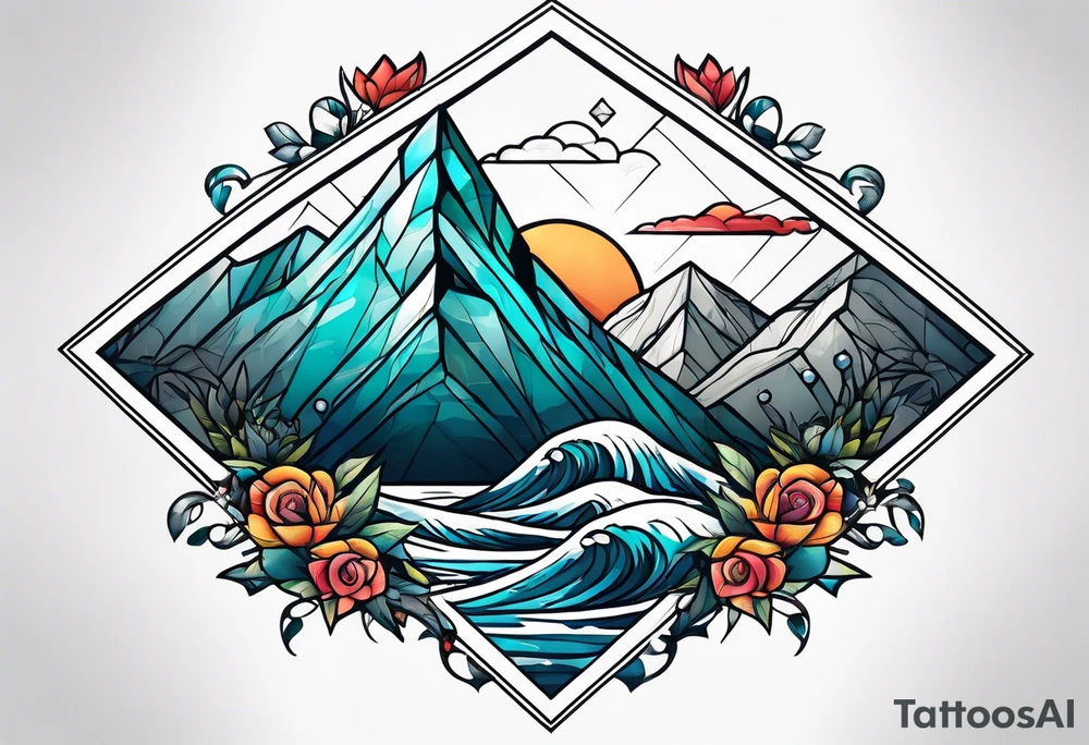 Mountains and ocean waves  crashing diamond shape tattoo idea
