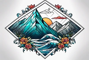 Mountains and ocean waves  crashing diamond shape tattoo idea