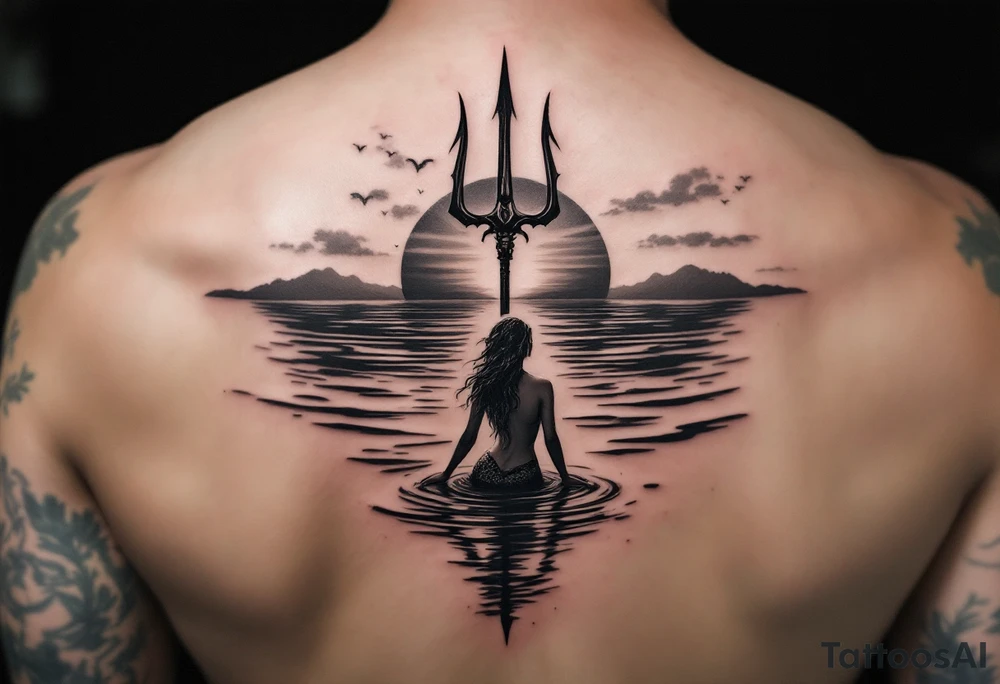 trident half way under calm water with sunset and mermaid tattoo idea