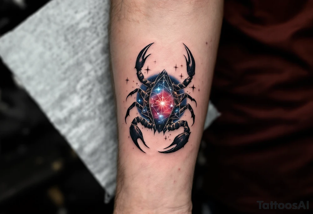 Rising with passion and danger, the Scorpius constellation lights the sky with crimson and sapphire fire in closure of its star constellation tattoo idea