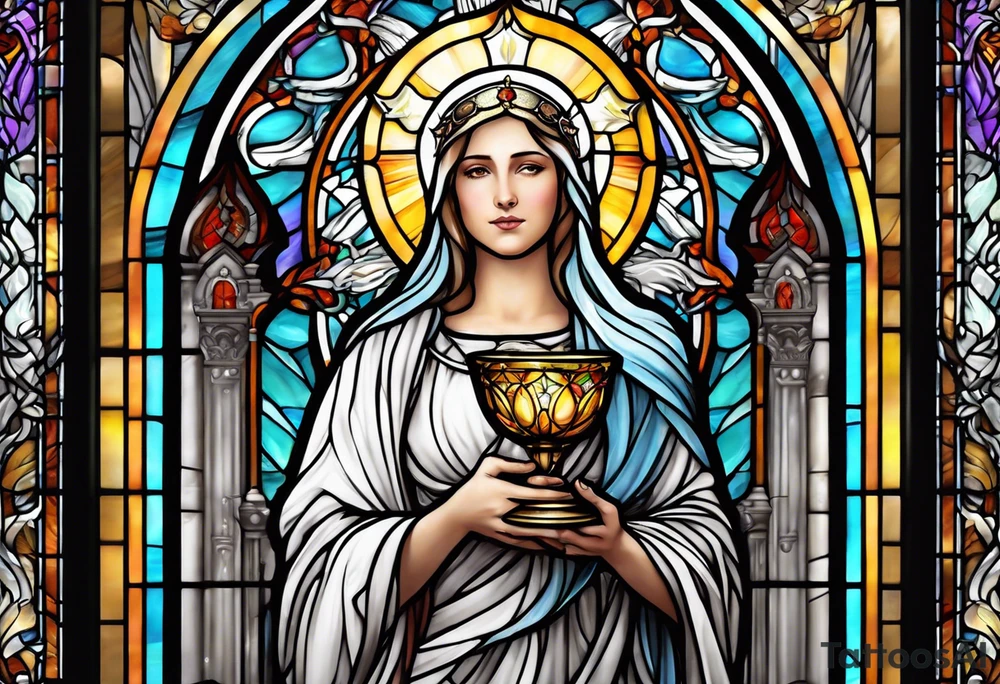 holy saint woman with halo stained glass holding a chalice tattoo idea