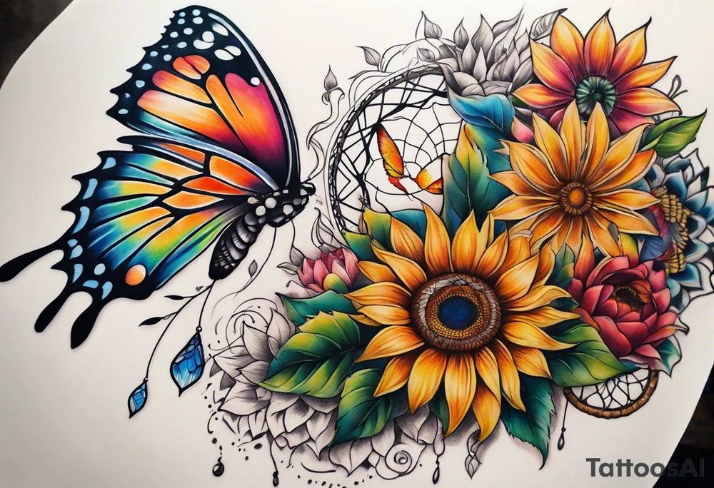 Quarter Leg sleeve with dreamcatcher, rainbow sunflowers and one butterfly tattoo idea