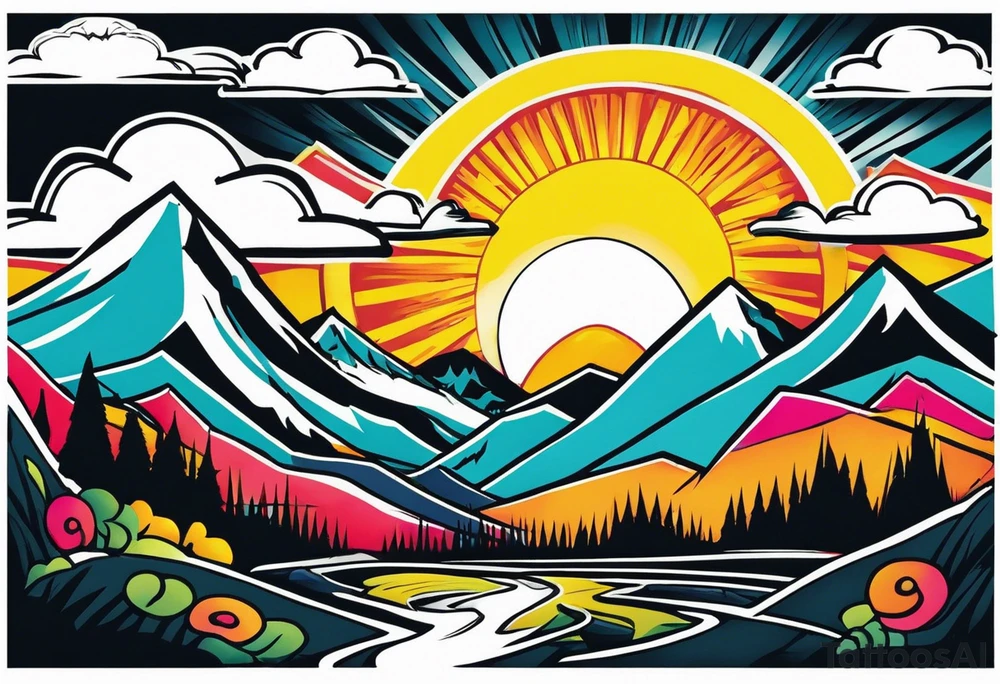 Mountains and in the mountains is a sun with sunbeams that comes out on the mountains from the mountains a river runs down tattoo idea