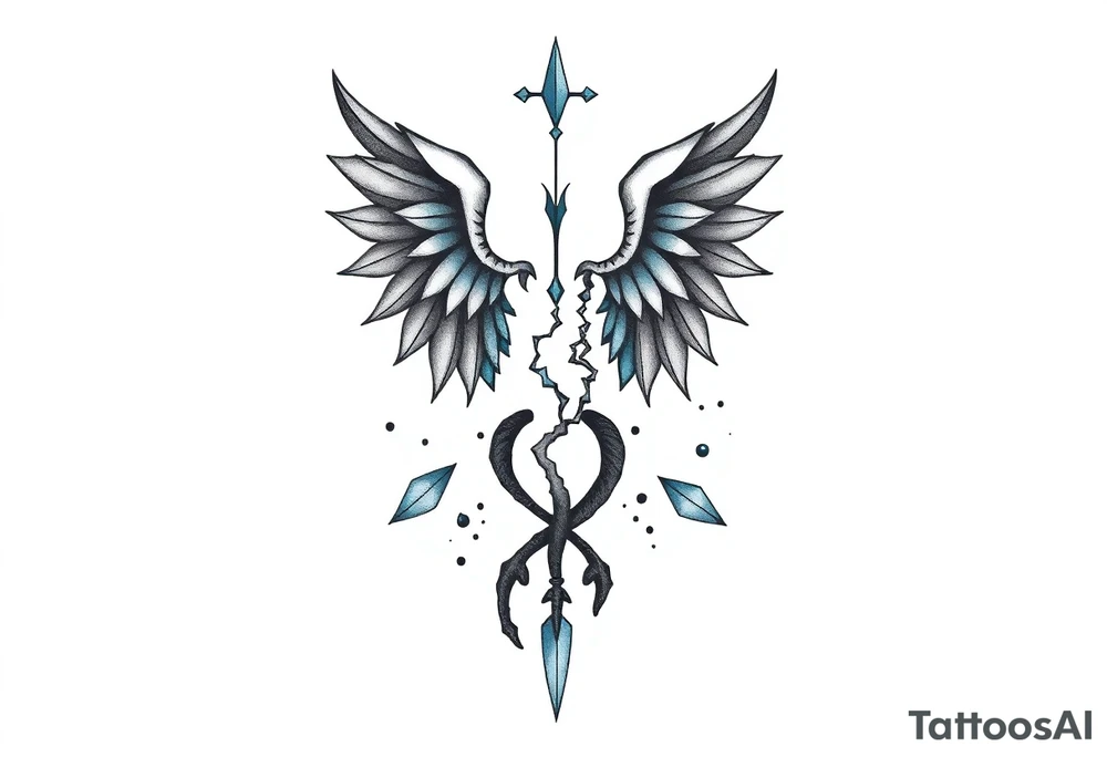 A minimalist tattoo that represents a shattered and betrayed gemini woman who fought hard throughout this year. With colors blue and black. Make it unique and rare. Without leaves and stem. tattoo idea